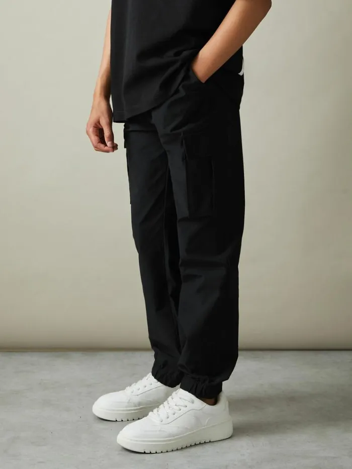 REISS Pants Children Technical Drawstring Cuffed Cargo Trousers Black