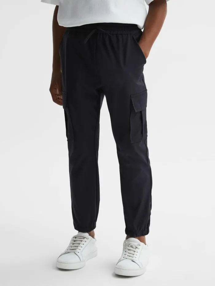 REISS Pants Children Technical Drawstring Cuffed Cargo Trousers Navy