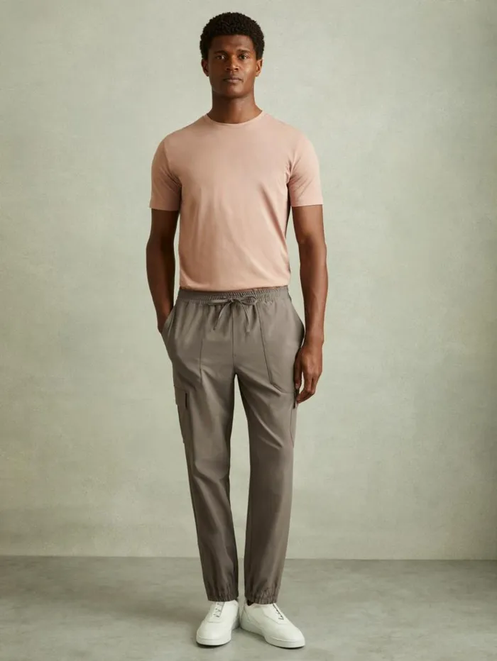 REISS Pants Men Elasticated Cargo Trousers Green Smoke