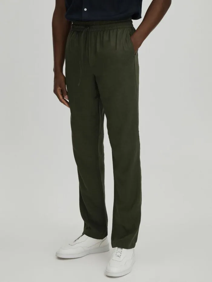 REISS Pants Men Les Deux Forest Green Linen Blend Drawstring Trousers Forest Green