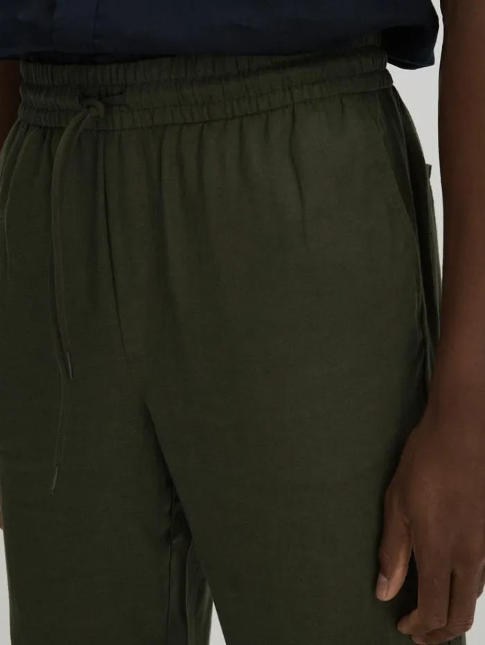 REISS Pants Men Les Deux Forest Green Linen Blend Drawstring Trousers Forest Green