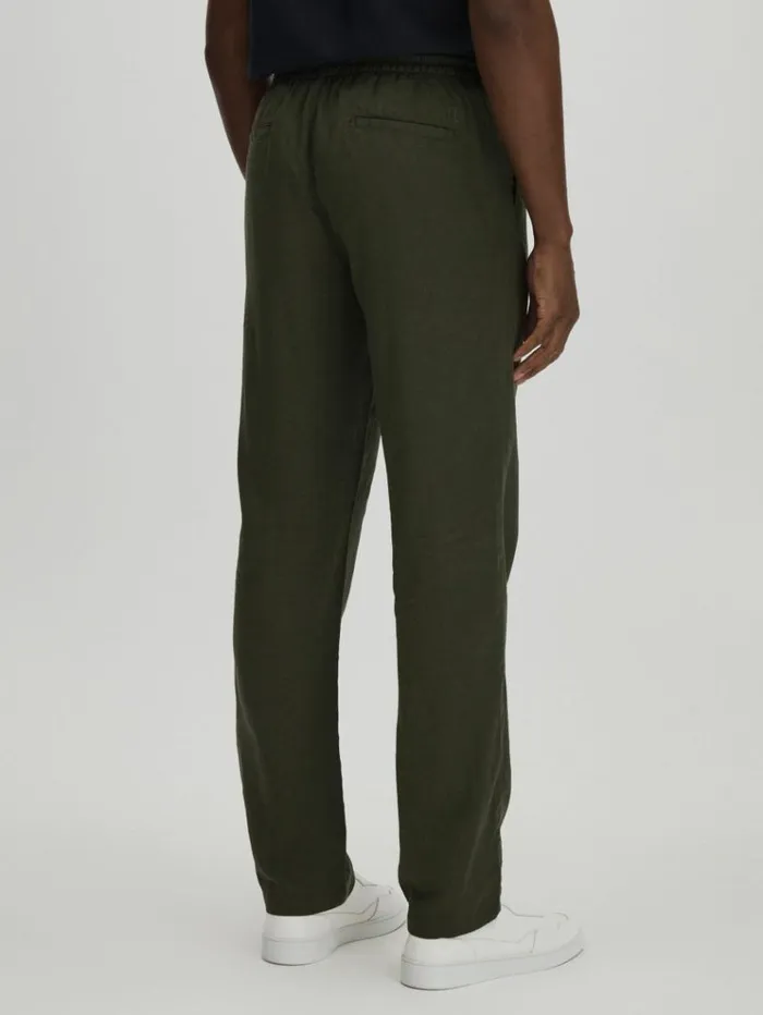 REISS Pants Men Les Deux Forest Green Linen Blend Drawstring Trousers Forest Green