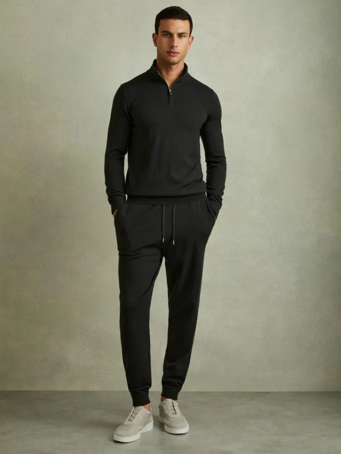 REISS Pants Men Merino Wool Blend Drawstring Joggers Dark Military Green