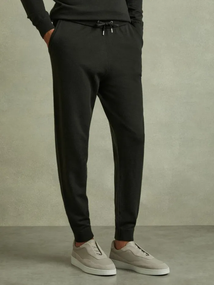 REISS Pants Men Merino Wool Blend Drawstring Joggers Dark Military Green