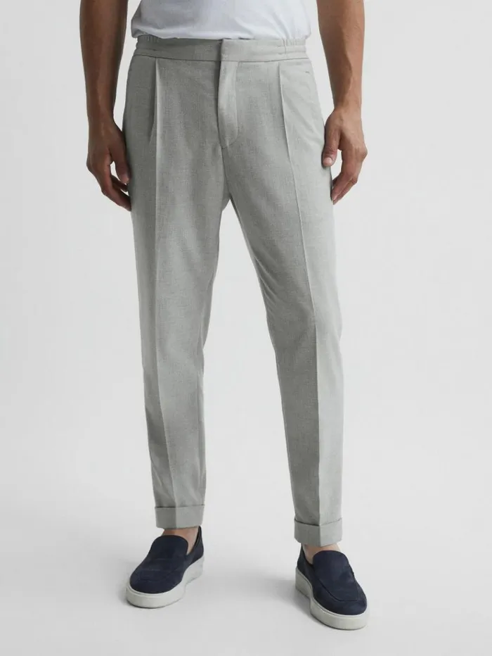 REISS Pants Men Relaxed Drawstring Trousers With TurnUps Soft Grey