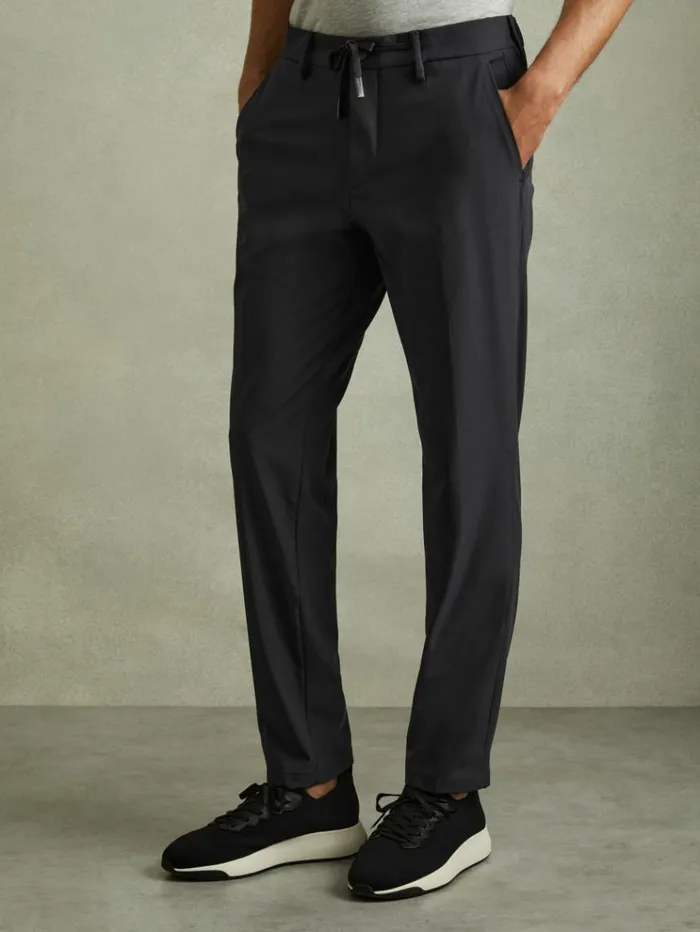 REISS Pants Men Technical Drawstring Trousers Navy