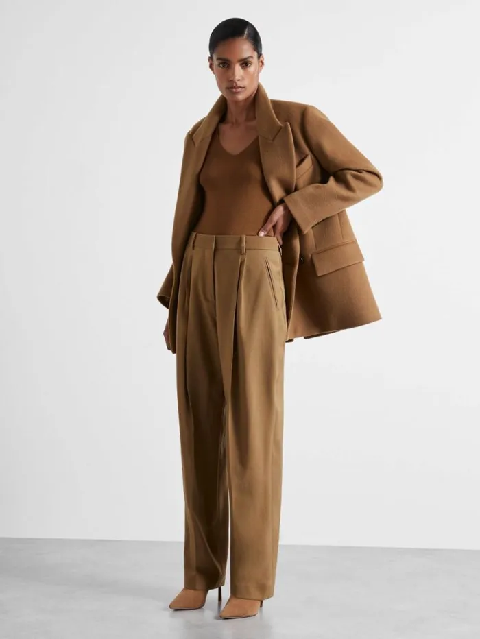 REISS Pants Women Atelier Virgin Wool Tapered Trousers Camel