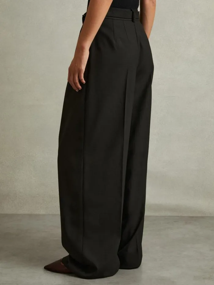 REISS Pants Women Belted Wide Leg Trousers Black
