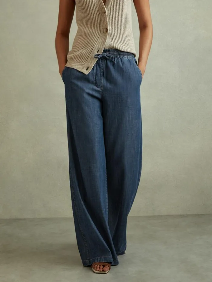 REISS Pants Women Denim Look Wide Leg Trousers Mid Blue