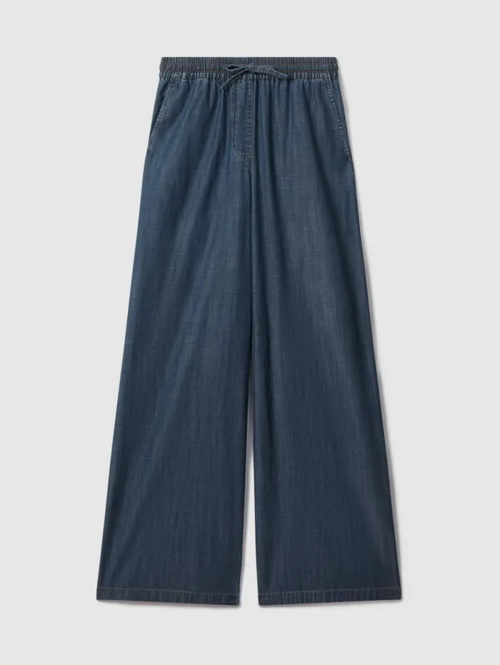 REISS Pants Women Denim Look Wide Leg Trousers Mid Blue