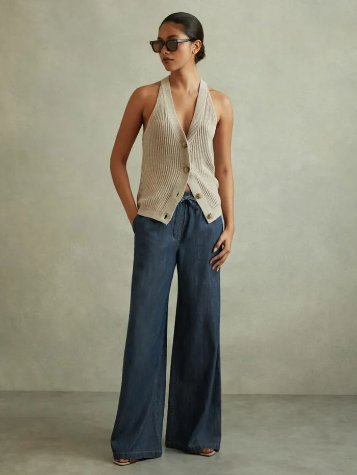 REISS Pants Women Denim Look Wide Leg Trousers Mid Blue