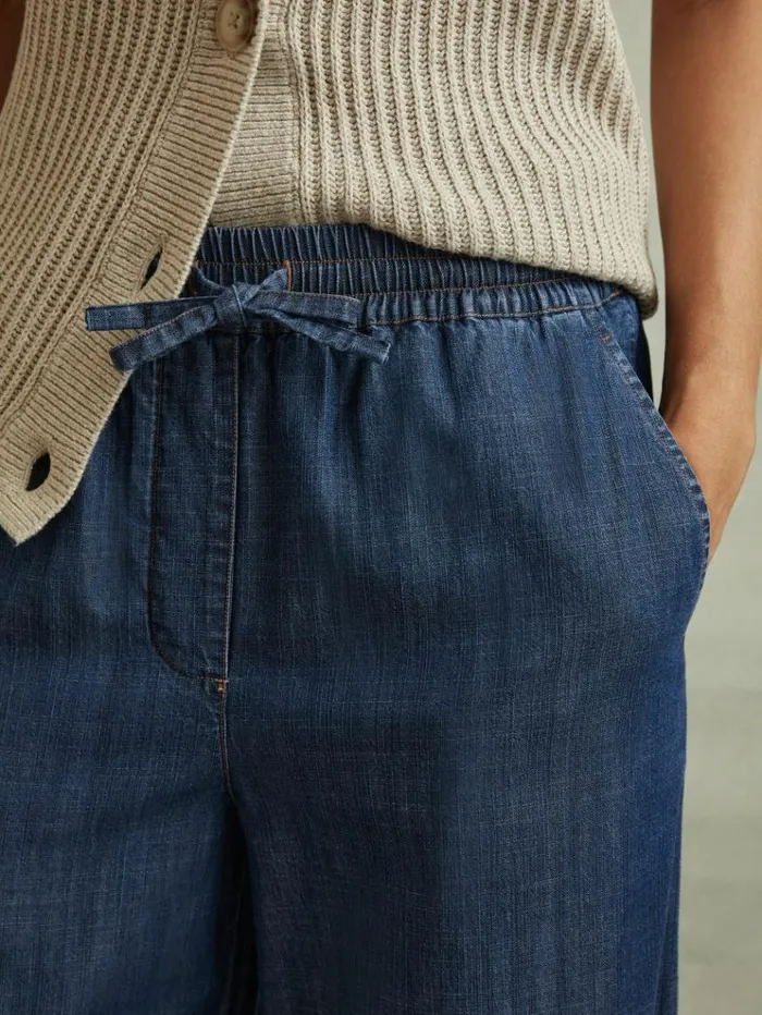 REISS Pants Women Denim Look Wide Leg Trousers Mid Blue