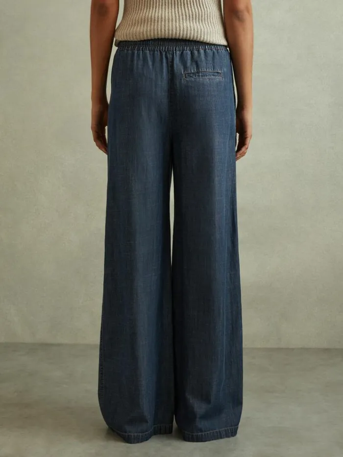 REISS Pants Women Denim Look Wide Leg Trousers Mid Blue
