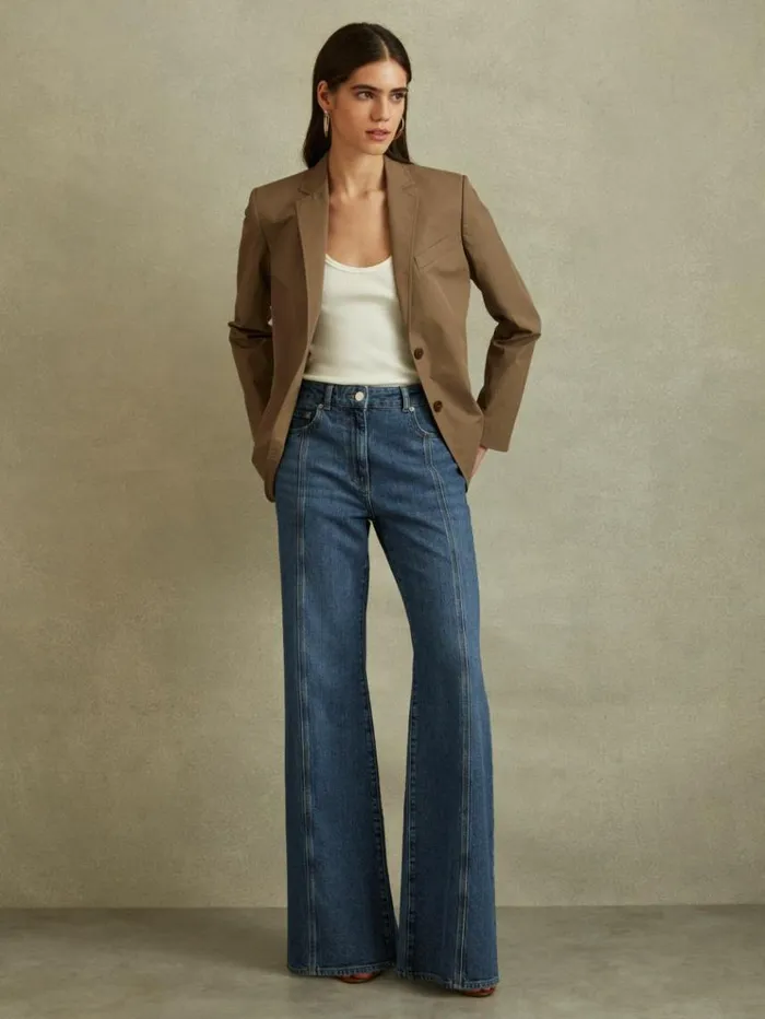REISS Pants Women Flared Front Seam Jeans Mid Blue