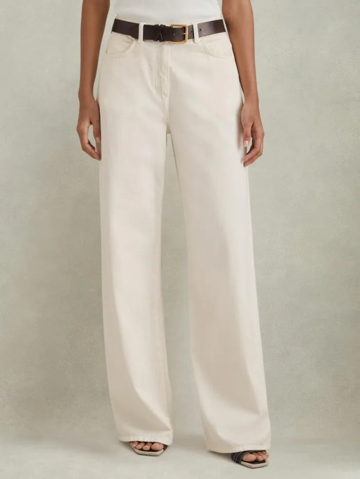 REISS Pants Women Garment Dyed Wide Leg Trousers Cream