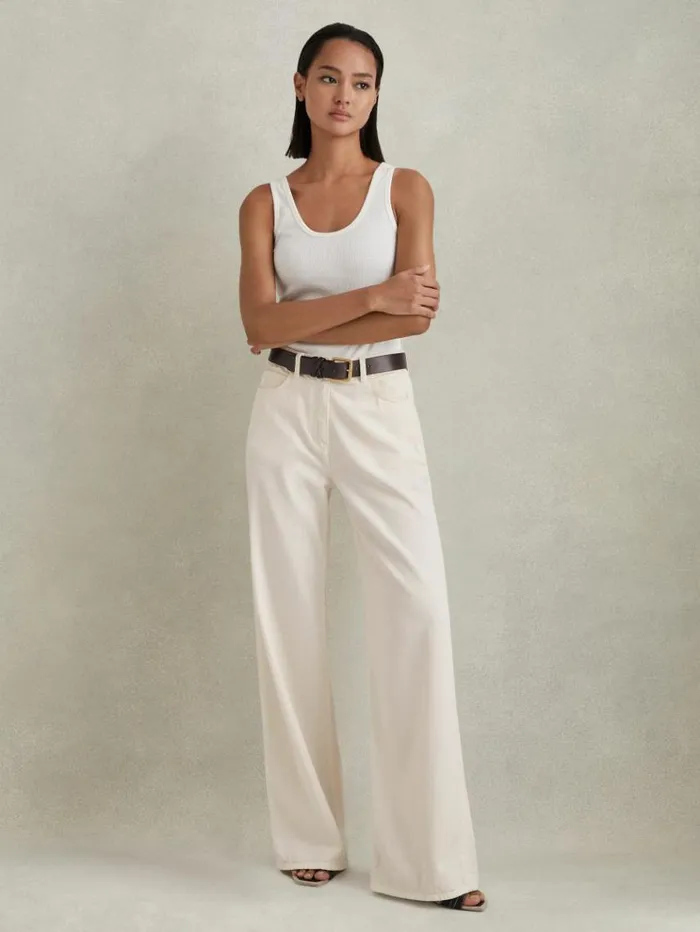 REISS Pants Women Garment Dyed Wide Leg Trousers Cream