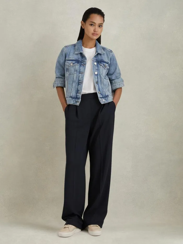REISS Pants Women HalfElasticated Wide Leg Trousers Navy
