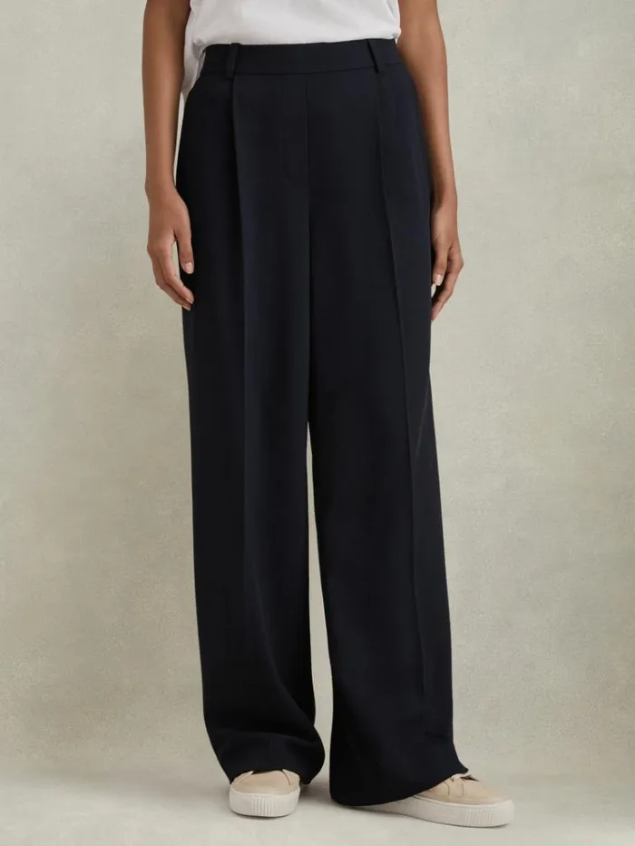 REISS Pants Women HalfElasticated Wide Leg Trousers Navy