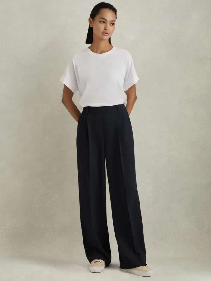 REISS Pants Women HalfElasticated Wide Leg Trousers Navy