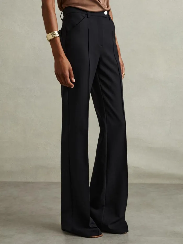 REISS Pants Women High Rise Flared Trousers Navy