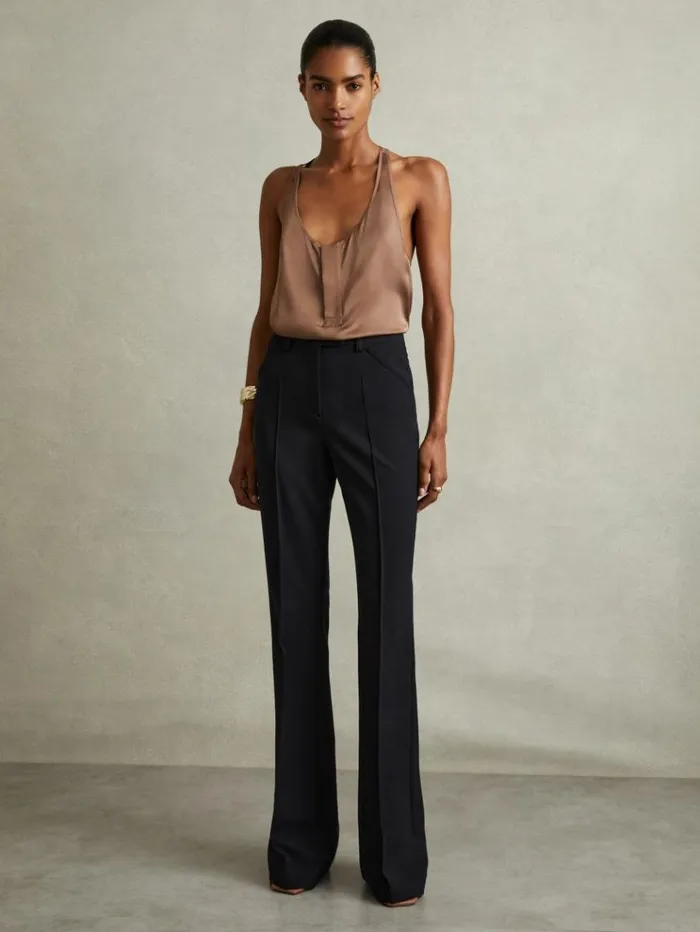 REISS Pants Women High Rise Flared Trousers Navy