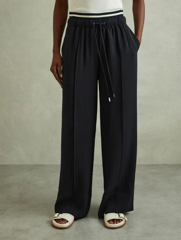 REISS Pants Women Waistband Detail Wide Leg Trousers Navy