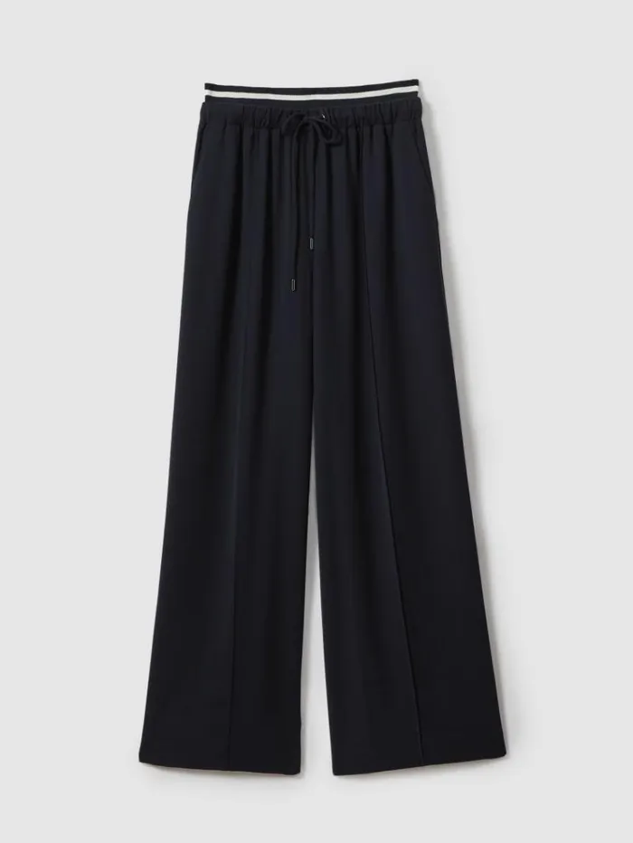 REISS Pants Women Waistband Detail Wide Leg Trousers Navy