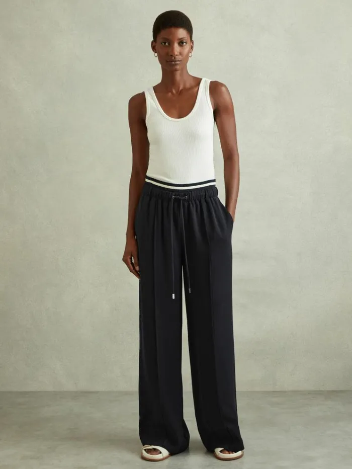 REISS Pants Women Waistband Detail Wide Leg Trousers Navy