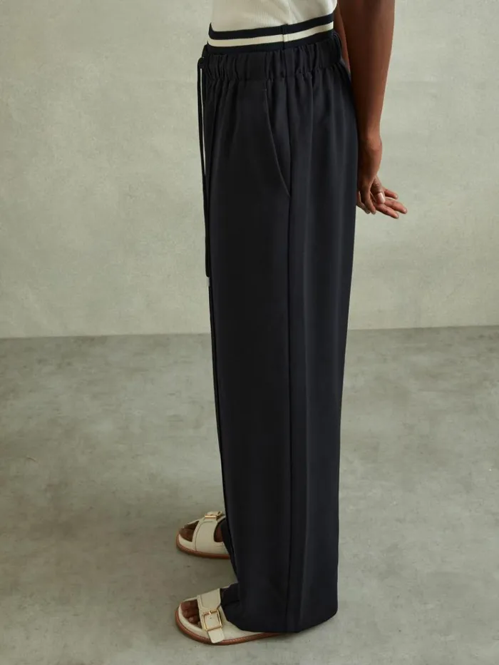 REISS Pants Women Waistband Detail Wide Leg Trousers Navy