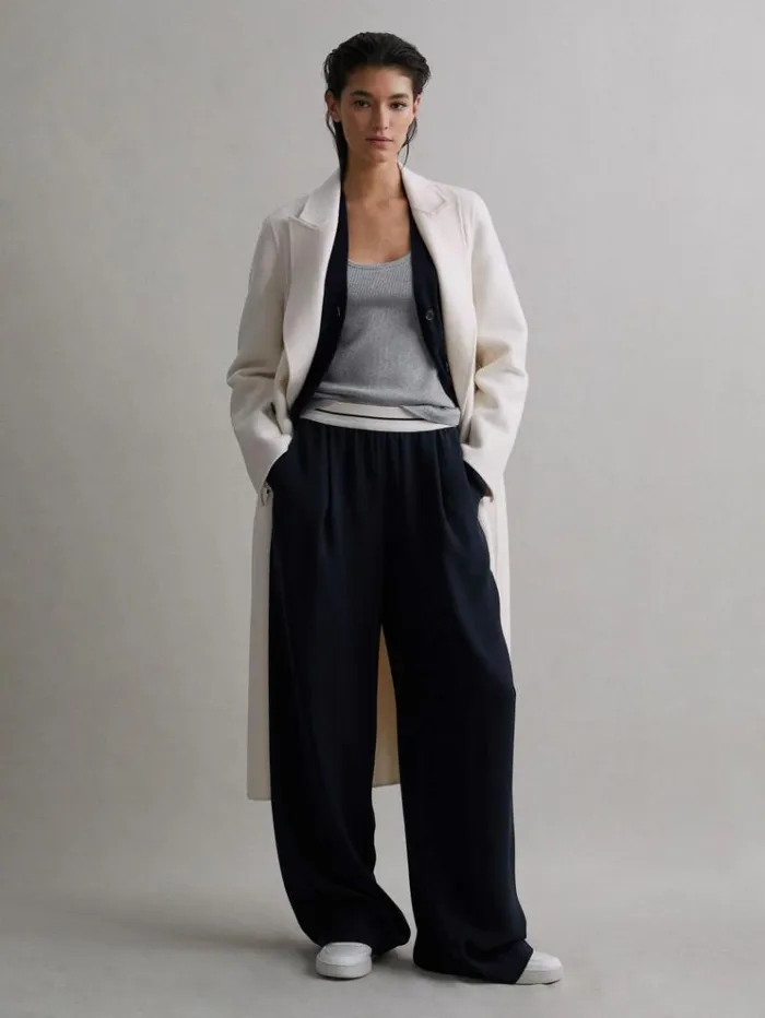 REISS Pants Women Wide Leg Elasticated Trousers Navy