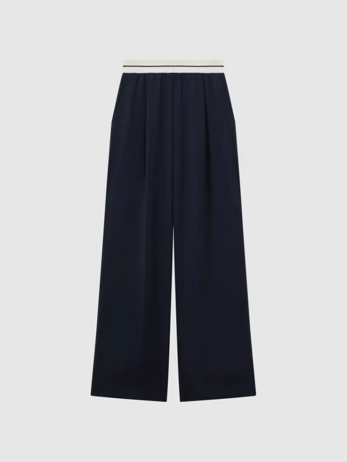 REISS Pants Women Wide Leg Elasticated Trousers Navy