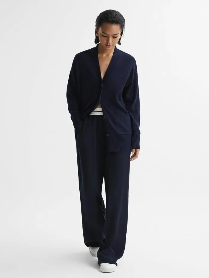 REISS Pants Women Wide Leg Elasticated Trousers Navy