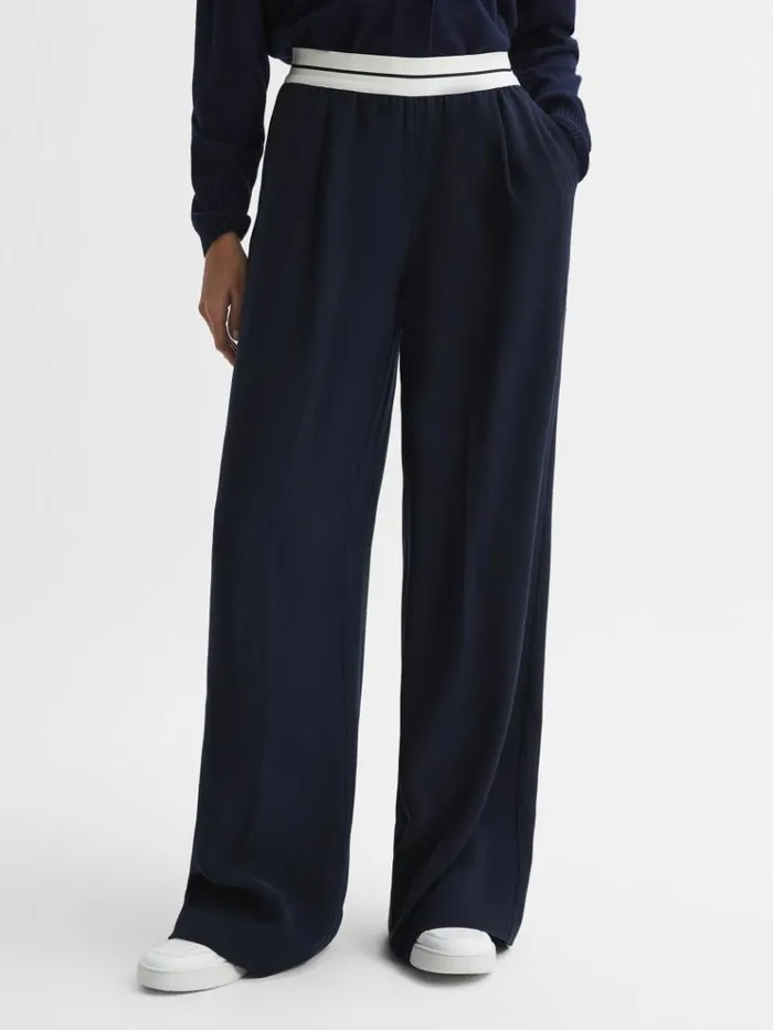 REISS Pants Women Wide Leg Elasticated Trousers Navy