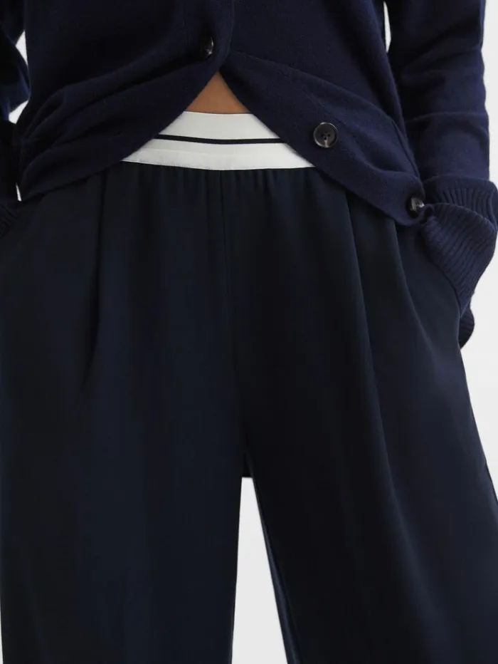 REISS Pants Women Wide Leg Elasticated Trousers Navy