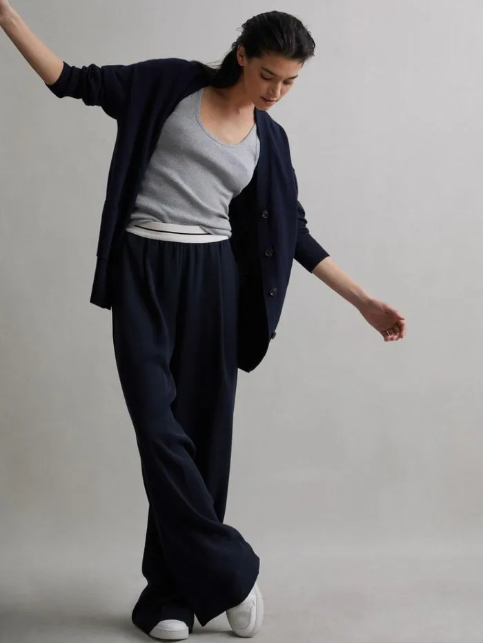 REISS Pants Women Wide Leg Elasticated Trousers Navy