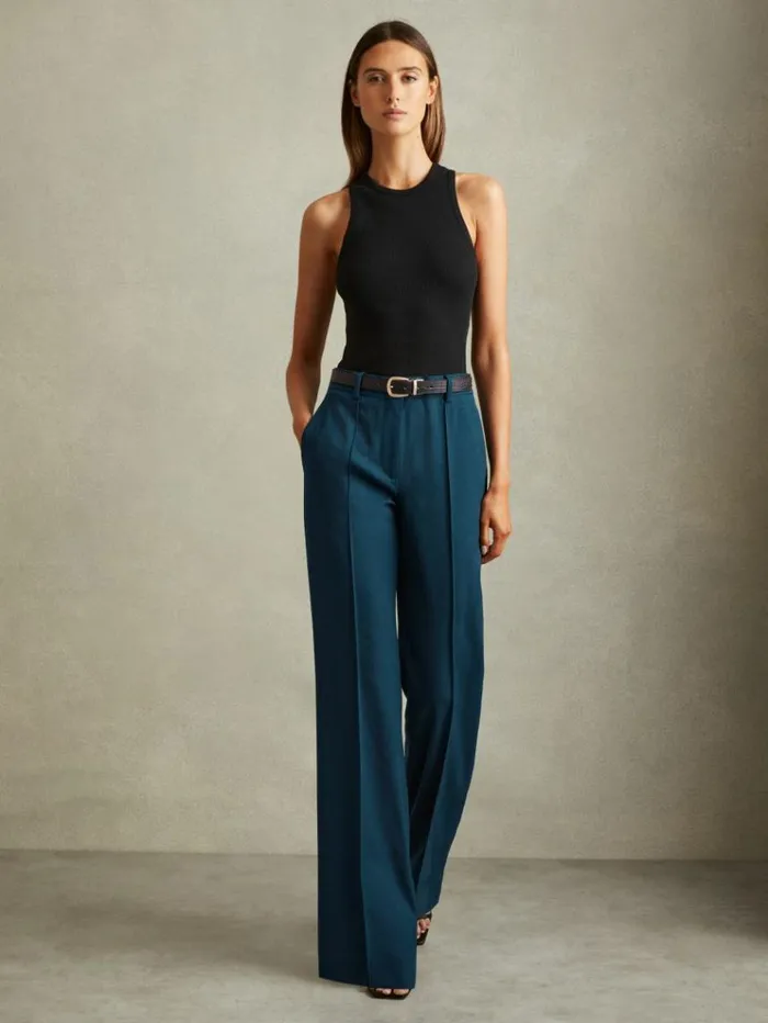 REISS Pants Women Wide Leg Wool Blend Suit Trousers Teal