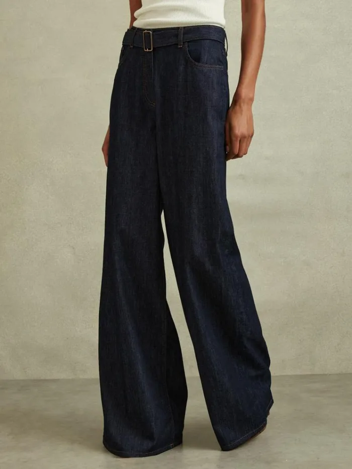 REISS Petite Women Belted Wide Leg Jeans Dark Blue