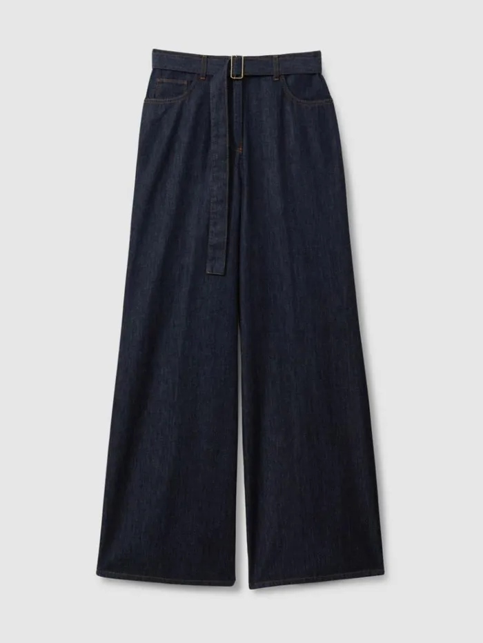 REISS Petite Women Belted Wide Leg Jeans Dark Blue