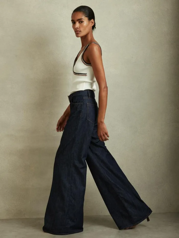 REISS Petite Women Belted Wide Leg Jeans Dark Blue