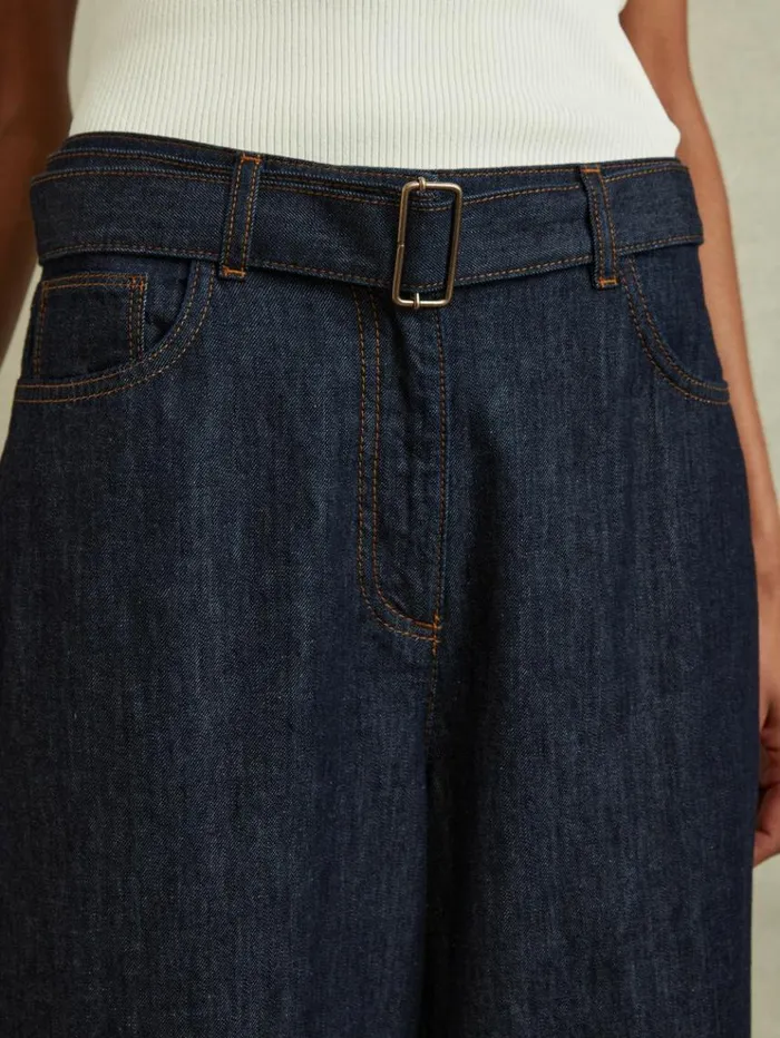 REISS Petite Women Belted Wide Leg Jeans Dark Blue