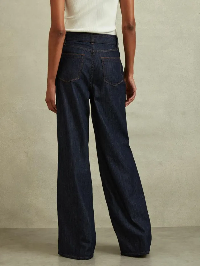 REISS Petite Women Belted Wide Leg Jeans Dark Blue