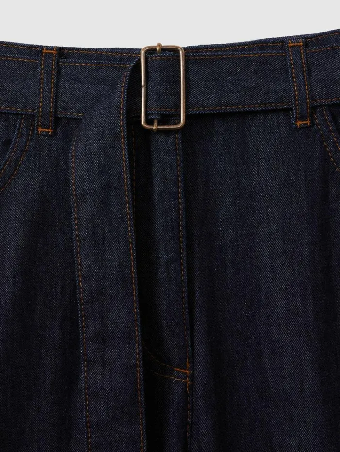 REISS Petite Women Belted Wide Leg Jeans Dark Blue