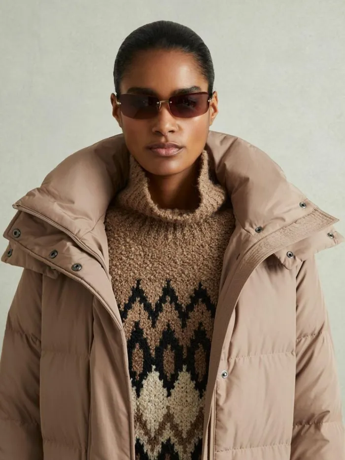 REISS Petite Women Longline Hooded Puffer Coat Mink Neutral