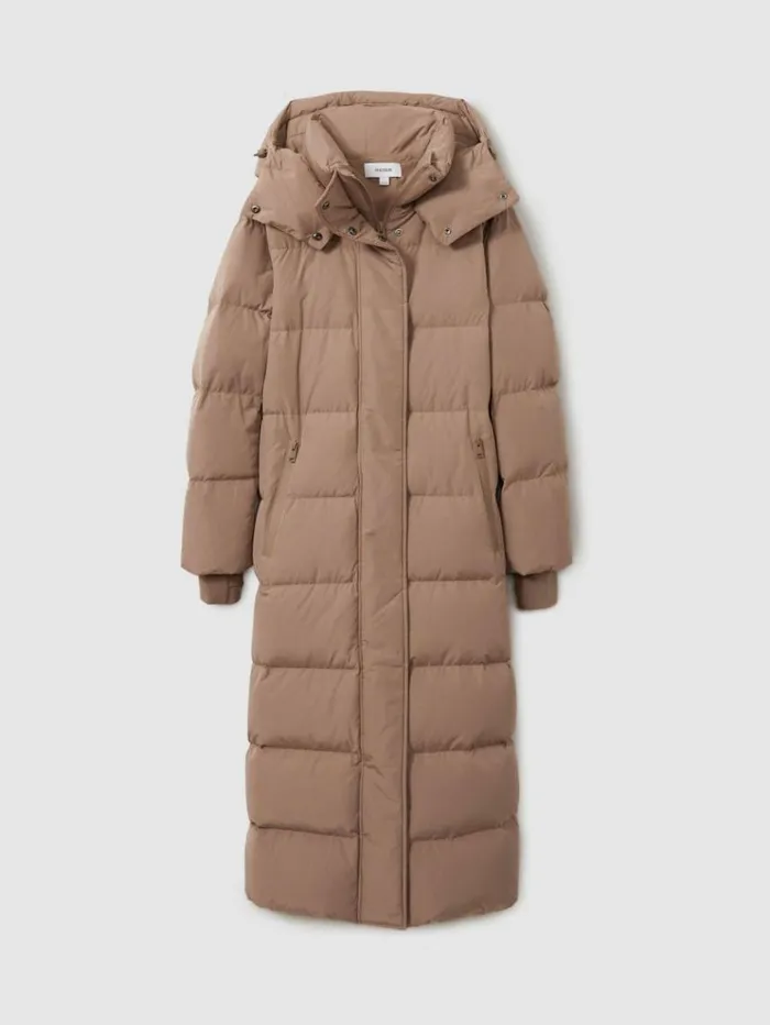 REISS Petite Women Longline Hooded Puffer Coat Mink Neutral