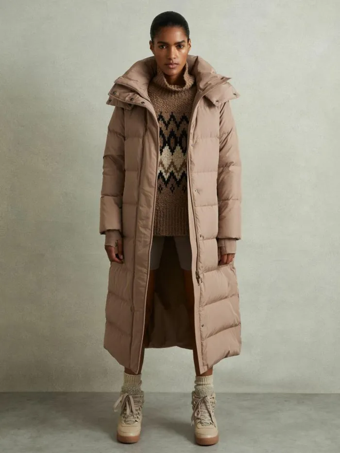 REISS Petite Women Longline Hooded Puffer Coat Mink Neutral