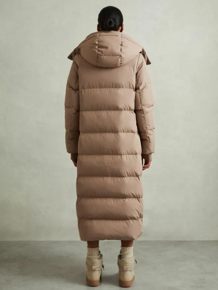 REISS Petite Women Longline Hooded Puffer Coat Mink Neutral