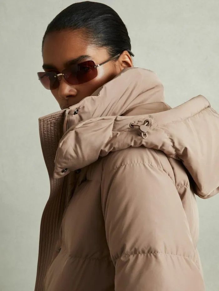 REISS Petite Women Longline Hooded Puffer Coat Mink Neutral
