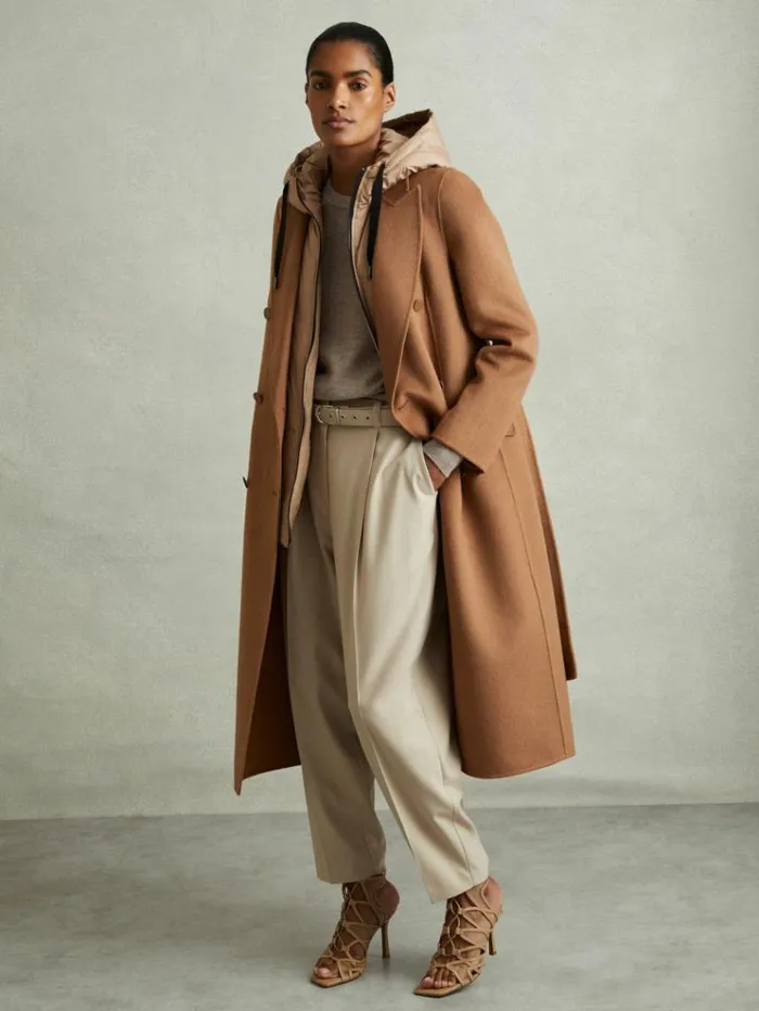 REISS Petite Women Wool Blend Double Breasted Blindseam Coat Toffee
