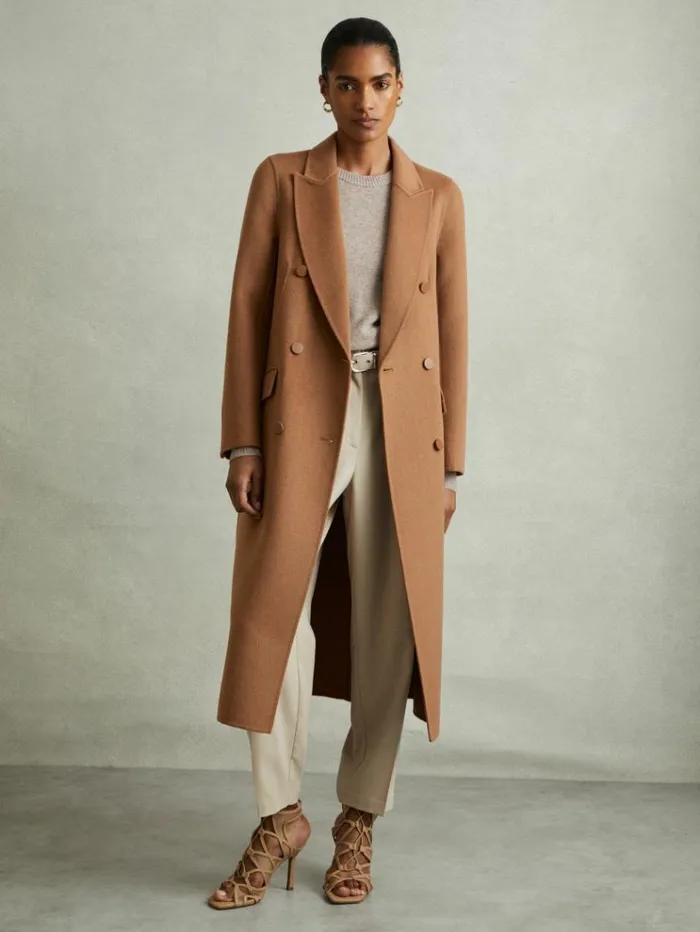 REISS Petite Women Wool Blend Double Breasted Blindseam Coat Toffee
