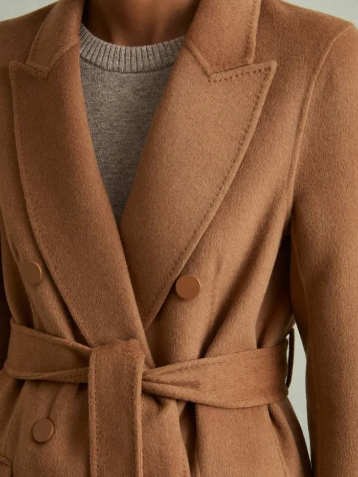 REISS Petite Women Wool Blend Double Breasted Blindseam Coat Toffee